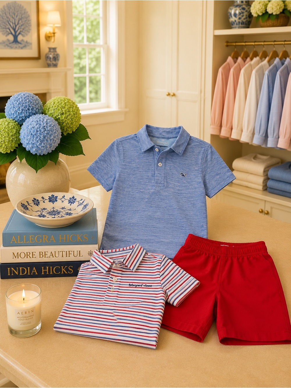 Little English Blue Polo, Striped Red & White Polo, and Red Shorts Set
